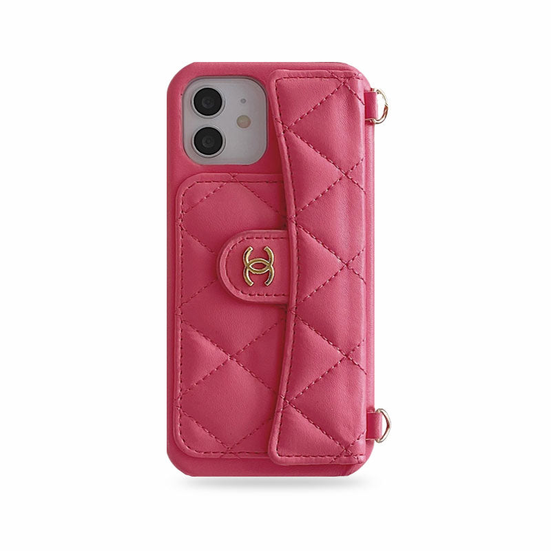 Luxury CC Phone Case With Card Holder And Strap For iPhone Pink -JDK251705