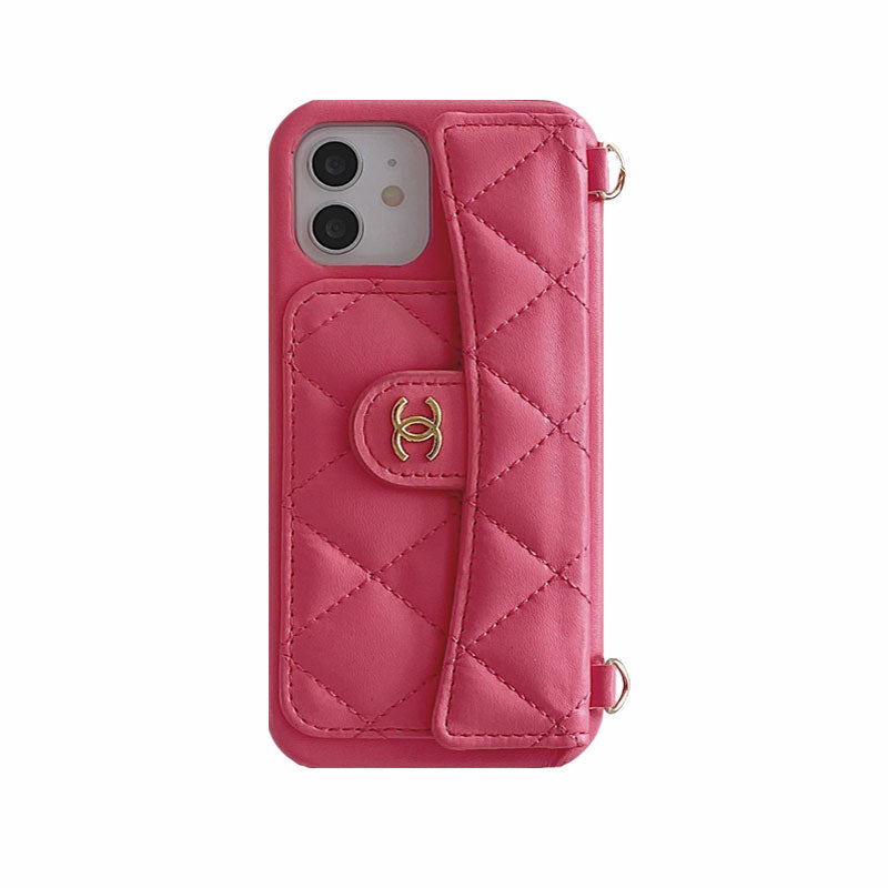 Luxury CC Phone Case With Card Holder And Strap For iPhone Black -JDK251705