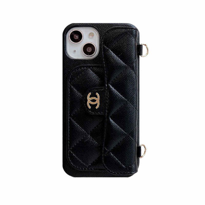 PremiumLeather CC Phone Case With Card Holder And Strap For iPhone Black-GLL251702