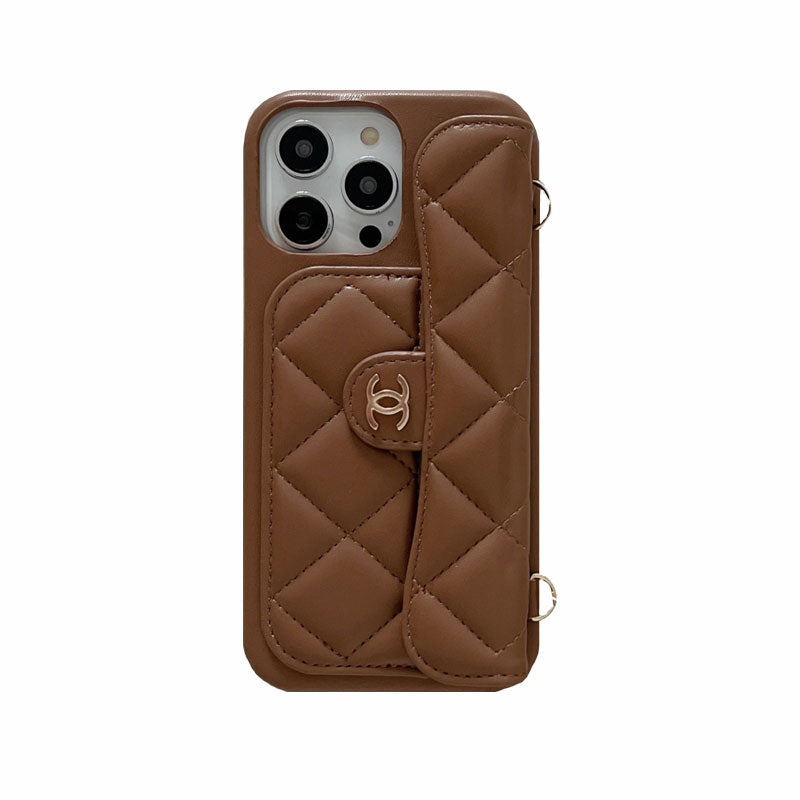 Leather CC Phone Case With Card Holder And Strap For iPhone Brown-LPK251641