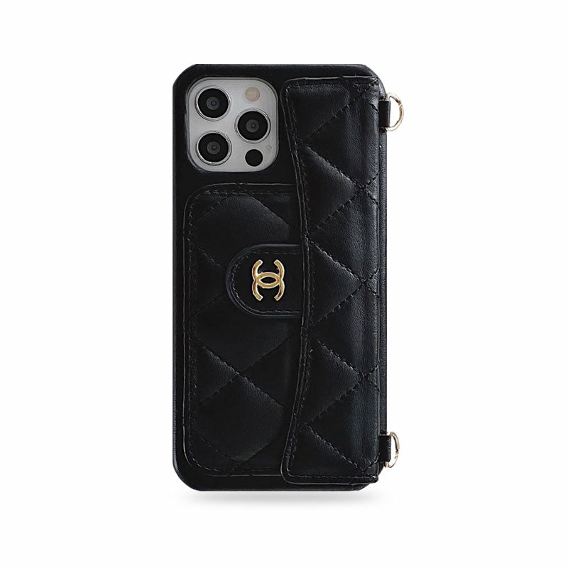 Luxury CC Phone Case With Card Holder And Strap For iPhone Black -JDK251705