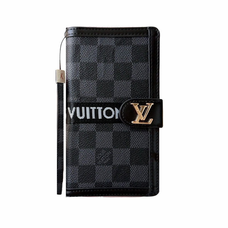 Leather Monogram Phone Case With Card Holder And Strap For iPhone Black Printing-MTY251543