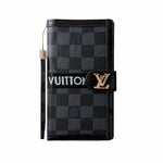 Leather Monogram Phone Case With Card Holder And Strap For iPhone Black Printing-MTY251543