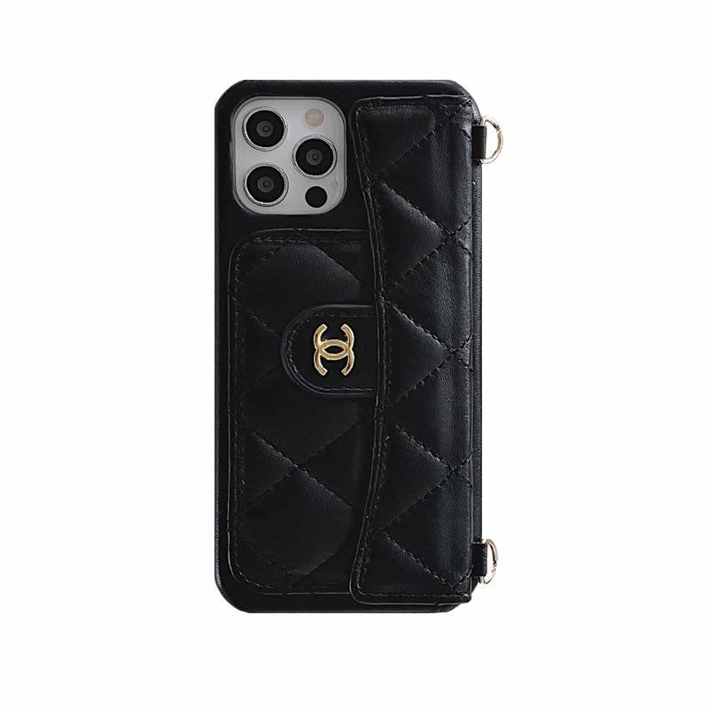 Luxury CC Phone Case With Card Holder And Strap For iPhone Black -JDK251705