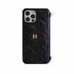 Luxury CC Phone Case With Card Holder And Strap For iPhone Black -JDK251705