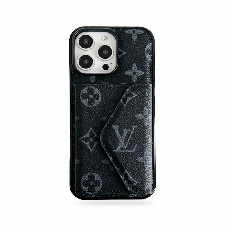 LeatherMonogram Phone Case With Card Holder For iPhone Black-BMKQ241757