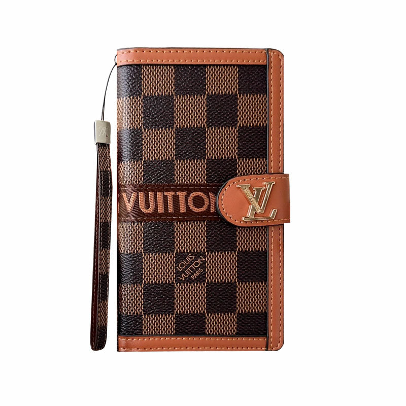 Leather Monogram Phone Case With Card Holder And Strap For iPhone Black Printing-MTY251543