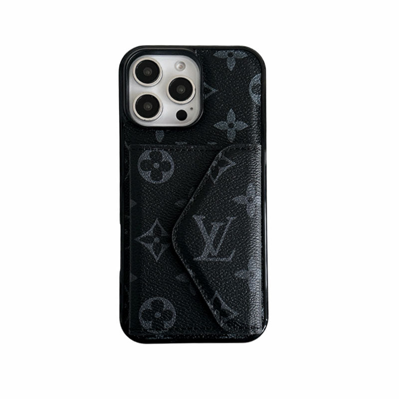 LeatherMonogram Phone Case With Card Holder For iPhone Black-BMKQ241757