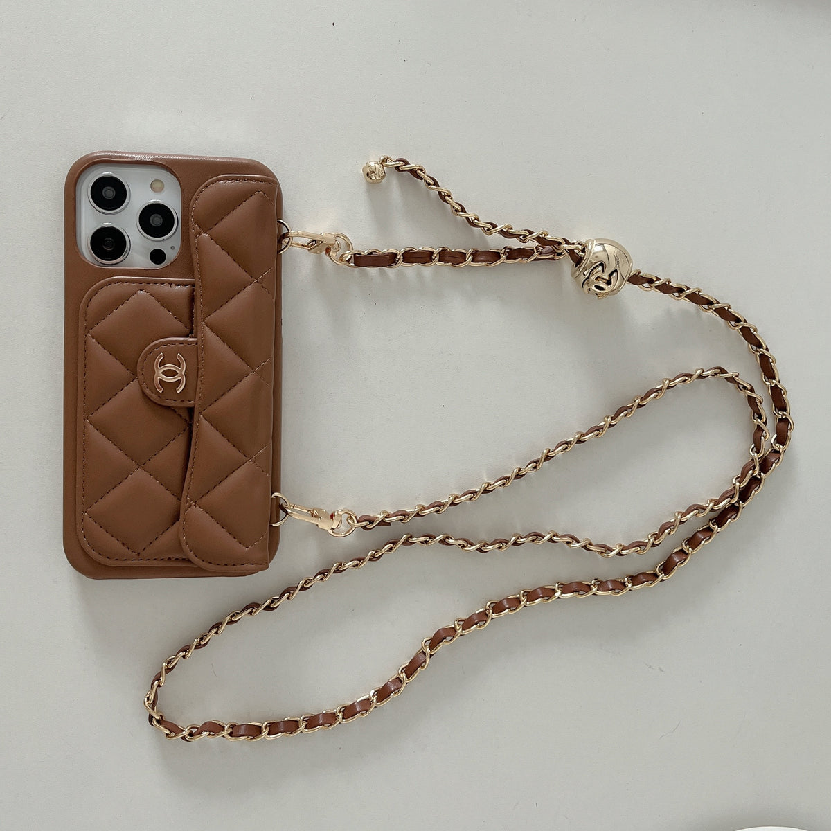 Leather CC Phone Case With Card Holder And Strap For iPhone Brown-LPK251641