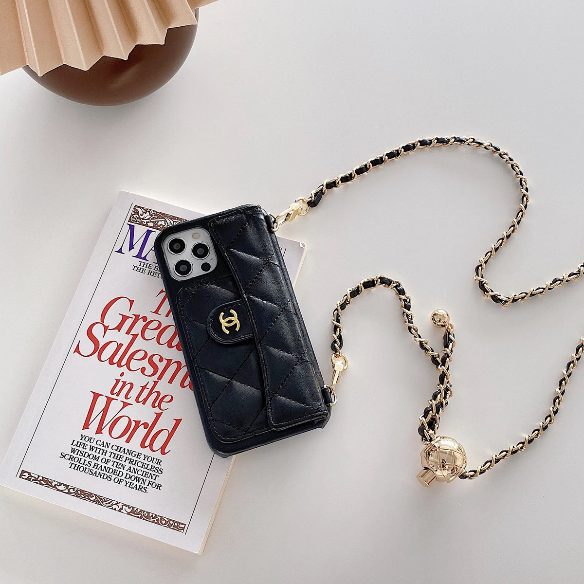 Luxury CC Phone Case With Card Holder And Strap For iPhone Black -JDK251705