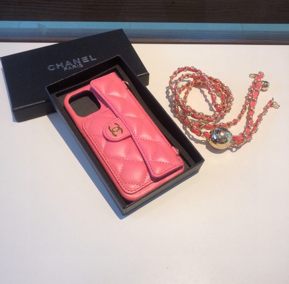 Luxury CC Phone Case With Card Holder And Strap For iPhone Pink -JDK251705