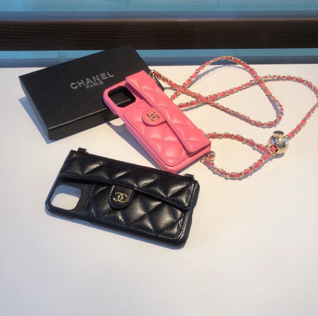 Luxury CC Phone Case With Card Holder And Strap For iPhone Pink -JDK251705