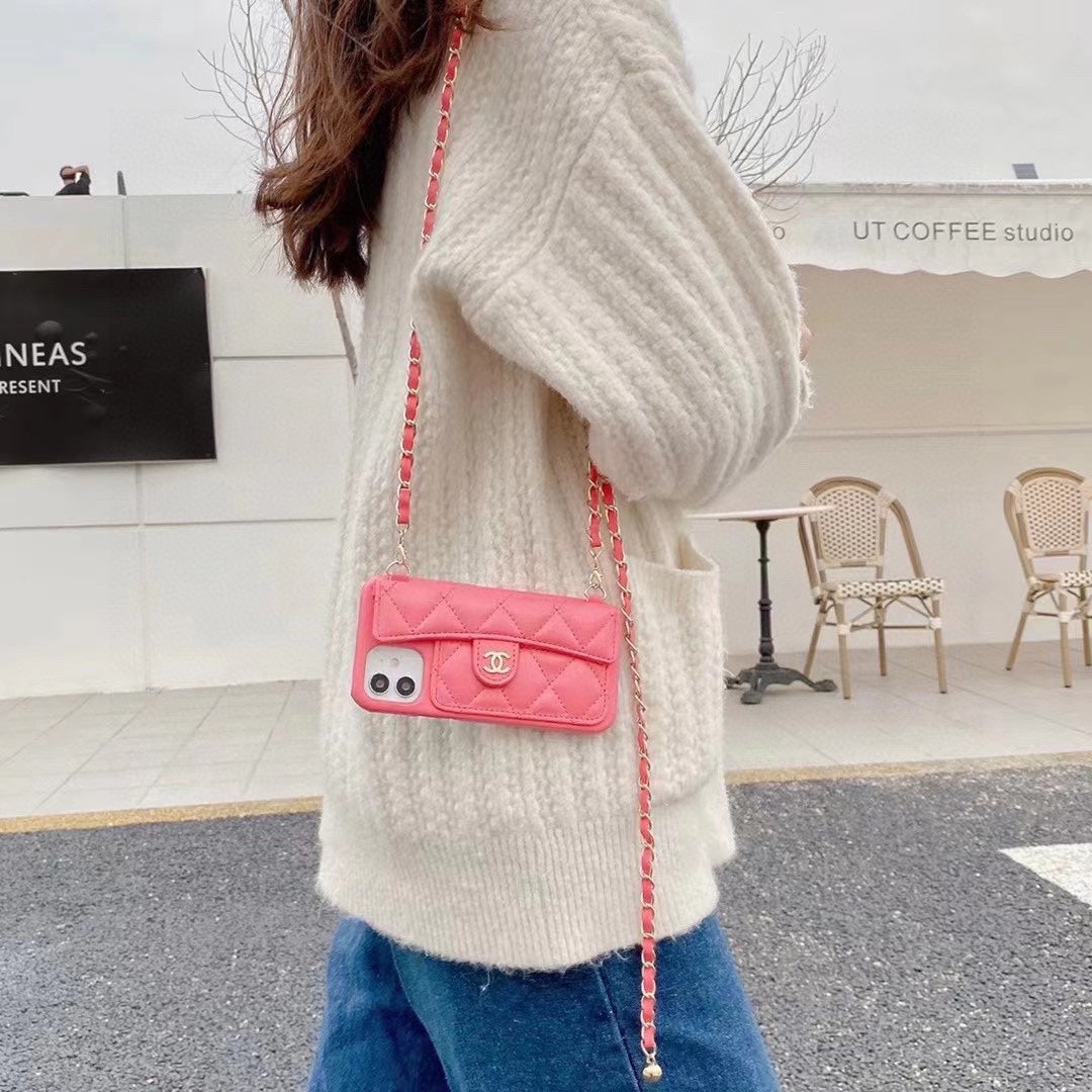 Luxury CC Phone Case With Card Holder And Strap For iPhone Pink -JDK251705