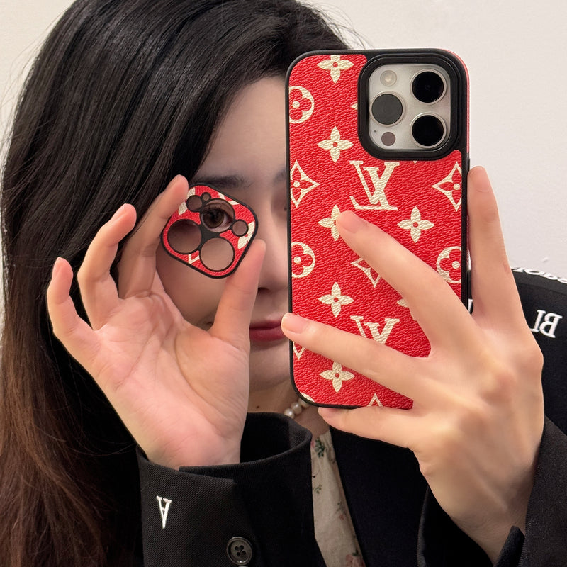 LeatherMonogram Phone Case With Lens Protection For iPhone Red-JTK251547