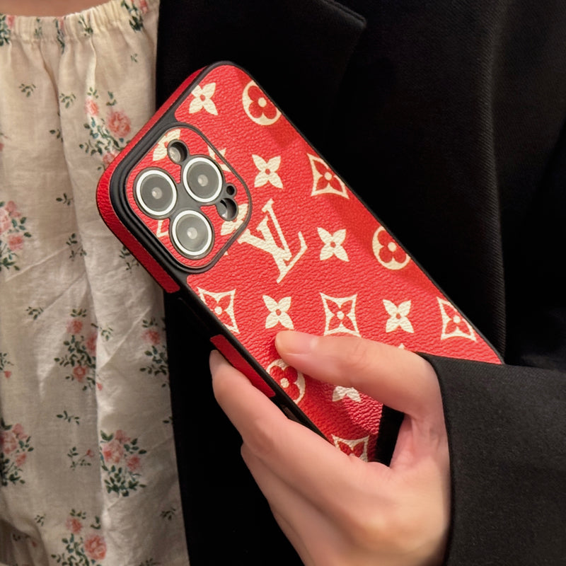 LeatherMonogram Phone Case With Lens Protection For iPhone Red-JTK251547