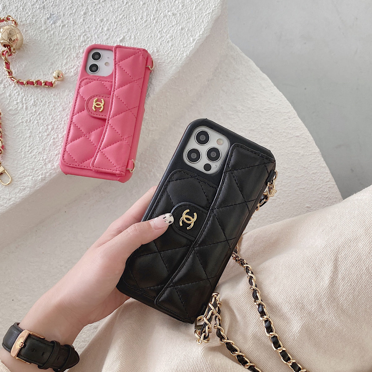 Luxury CC Phone Case With Card Holder And Strap For iPhone Black -JDK251705