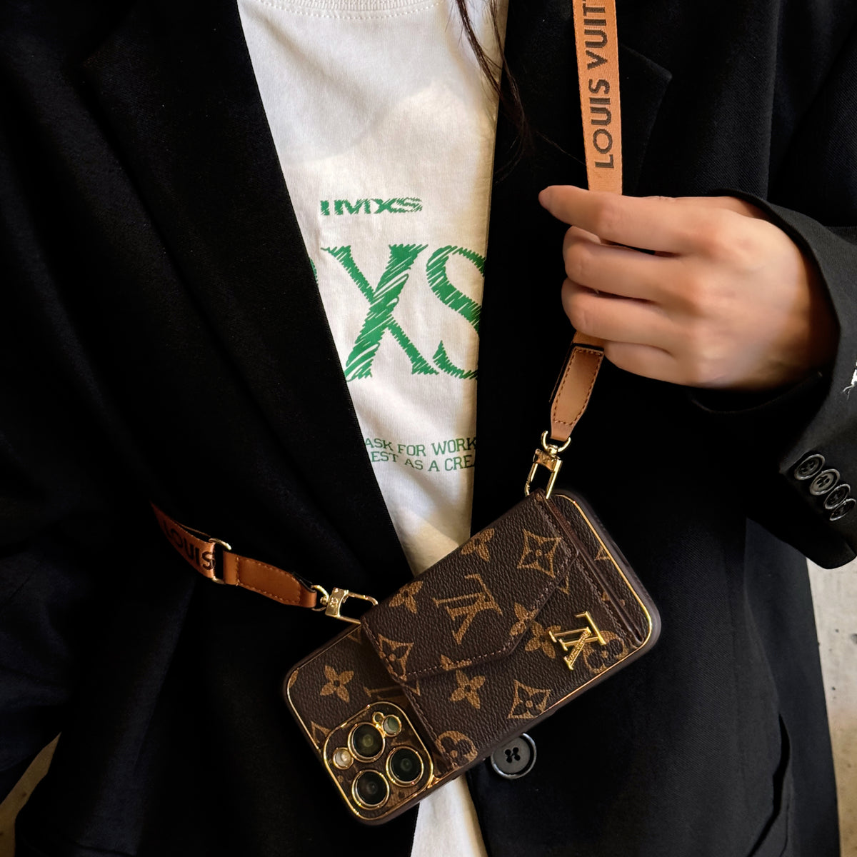 Monogram Phone Case With Card Holder And Crossbody Strap For iPhone Big Printing -XKB241816