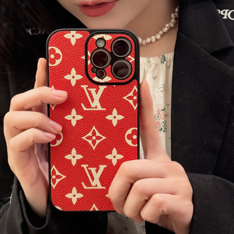 LeatherMonogram Phone Case With Lens Protection For iPhone Red-JTK251547