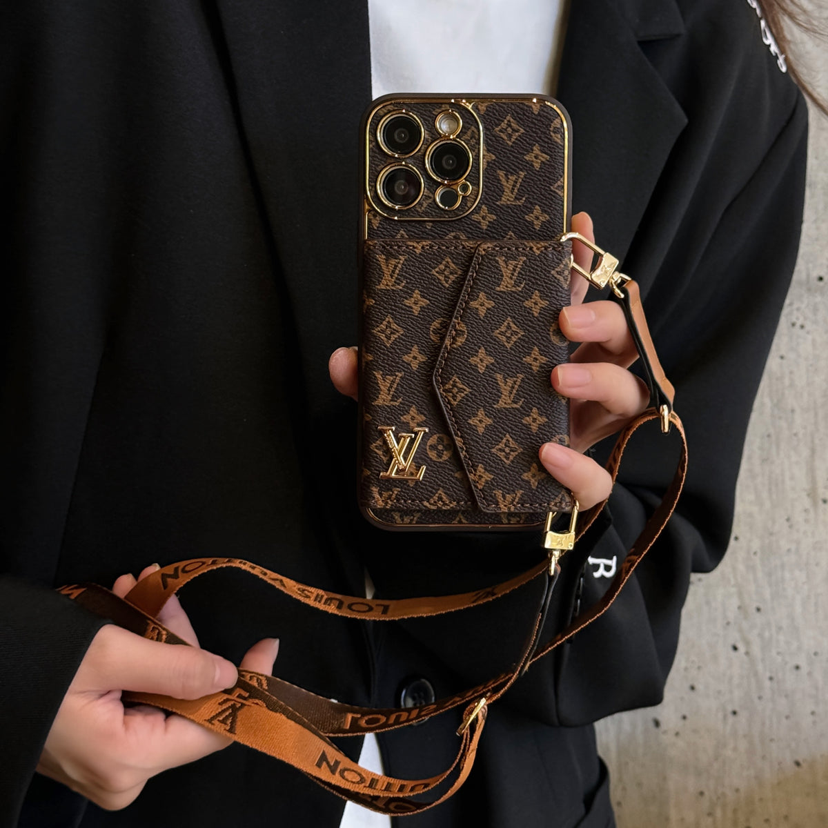 Monogram Phone Case With Card Holder And Crossbody Strap For iPhone Big Printing -XKB241816