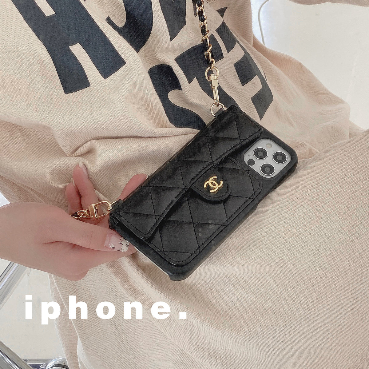 Luxury CC Phone Case With Card Holder And Strap For iPhone Black -JDK251705