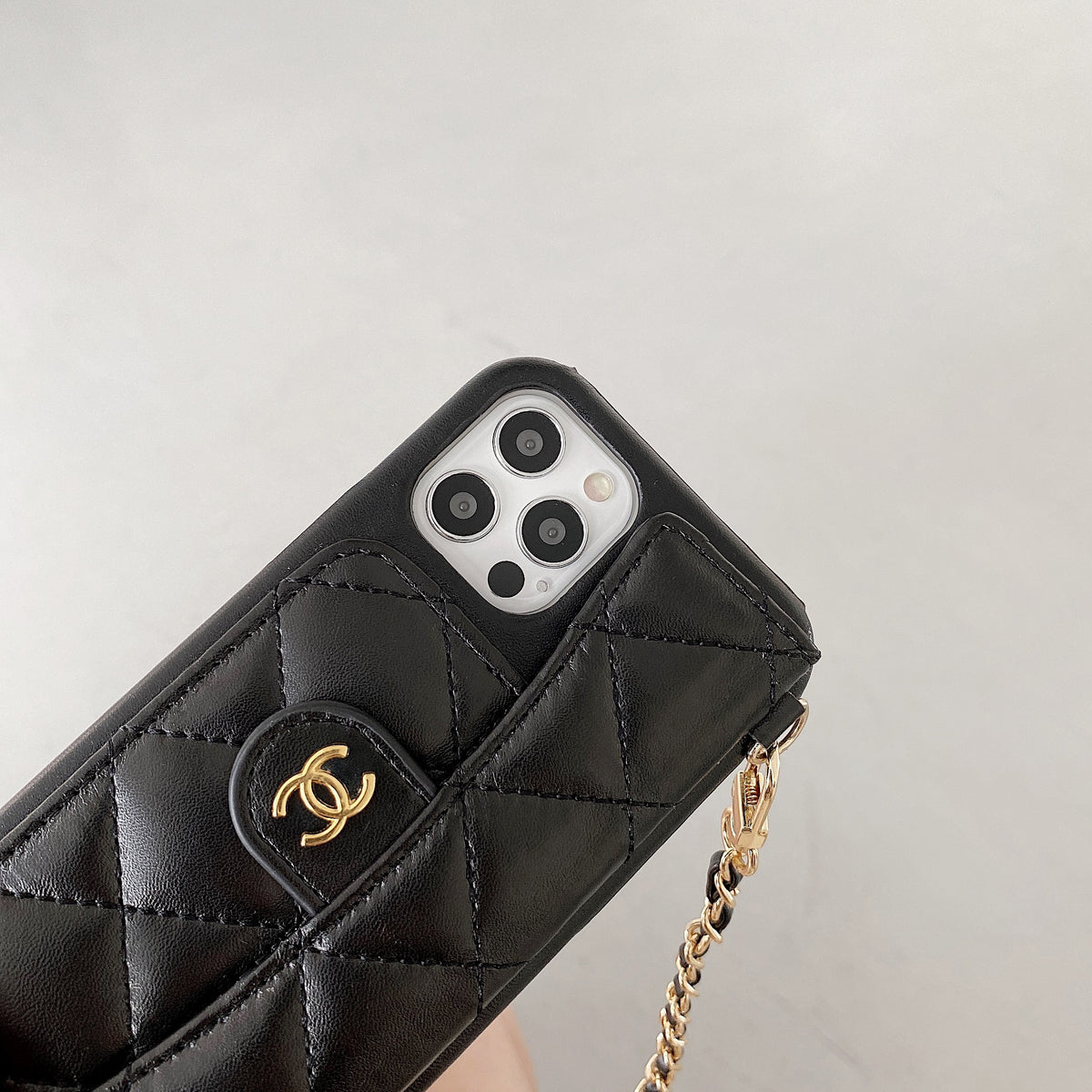 Luxury CC Phone Case With Card Holder And Strap For iPhone Black -JDK251705