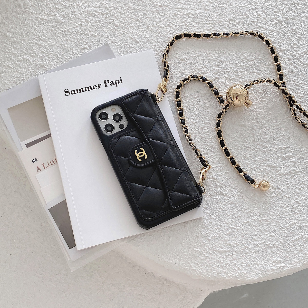 Luxury CC Phone Case With Card Holder And Strap For iPhone Black -JDK251705