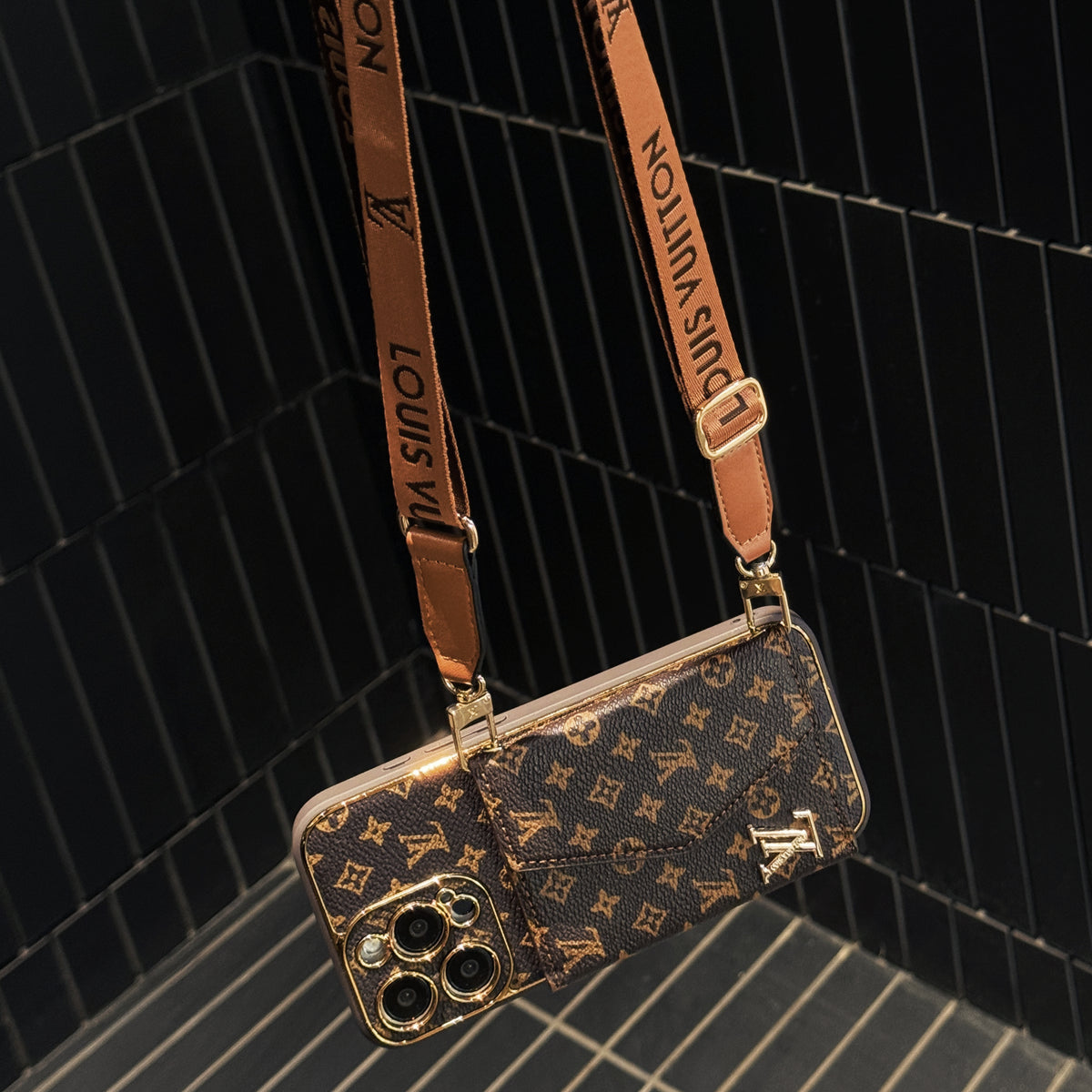 Monogram Phone Case With Card Holder And Crossbody Strap For iPhone Big Printing -XKB241816