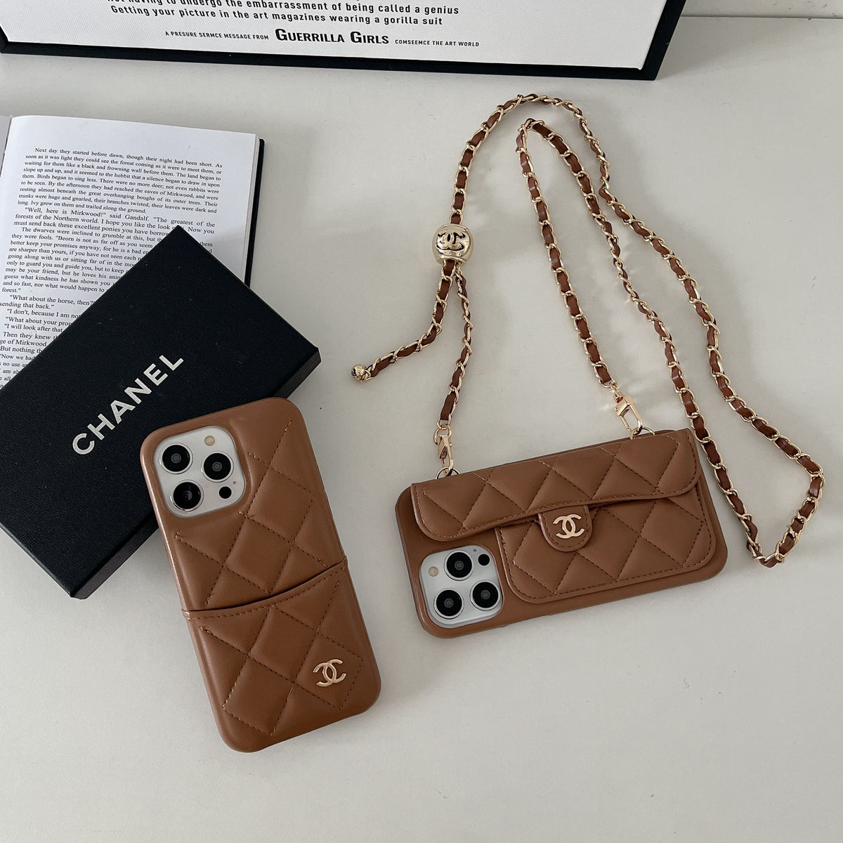 Leather CC Phone Case With Card Holder And Strap For iPhone Brown-LPK251641