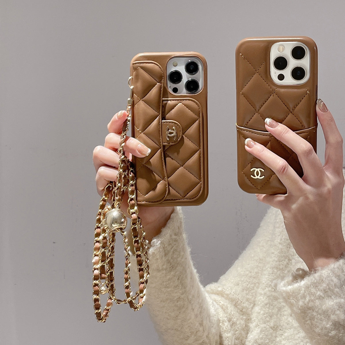 Leather CC Phone Case With Card Holder And Strap For iPhone Brown-LPK251641