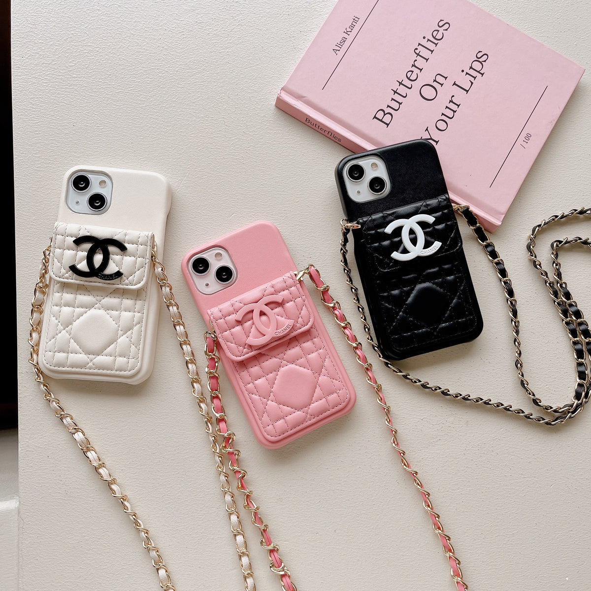 Leather CC Phone Case With Wallet And Strap For iPhone White -QBK251805