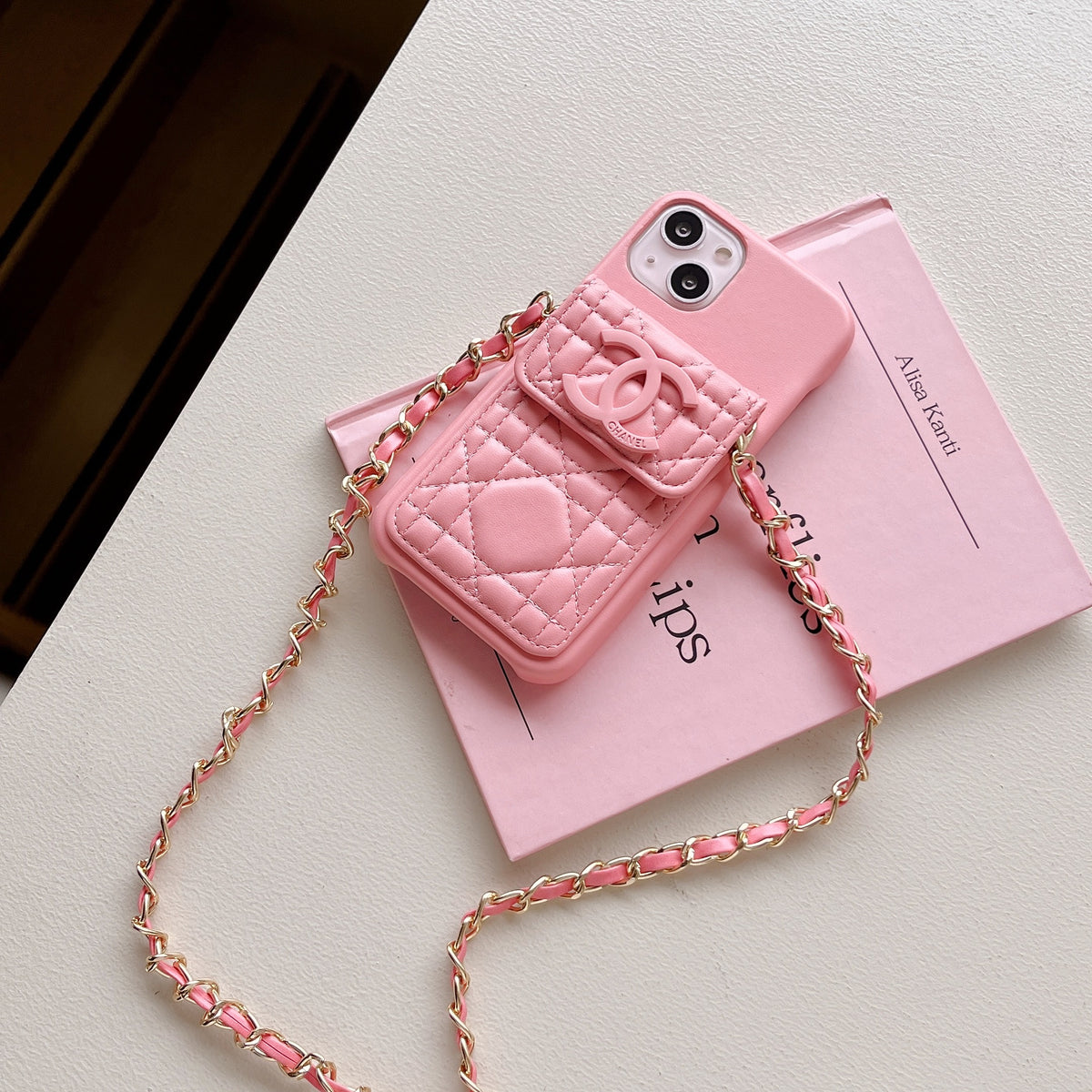 Leather CC Phone Case With Wallet And Strap For iPhone Pink -QBK251805