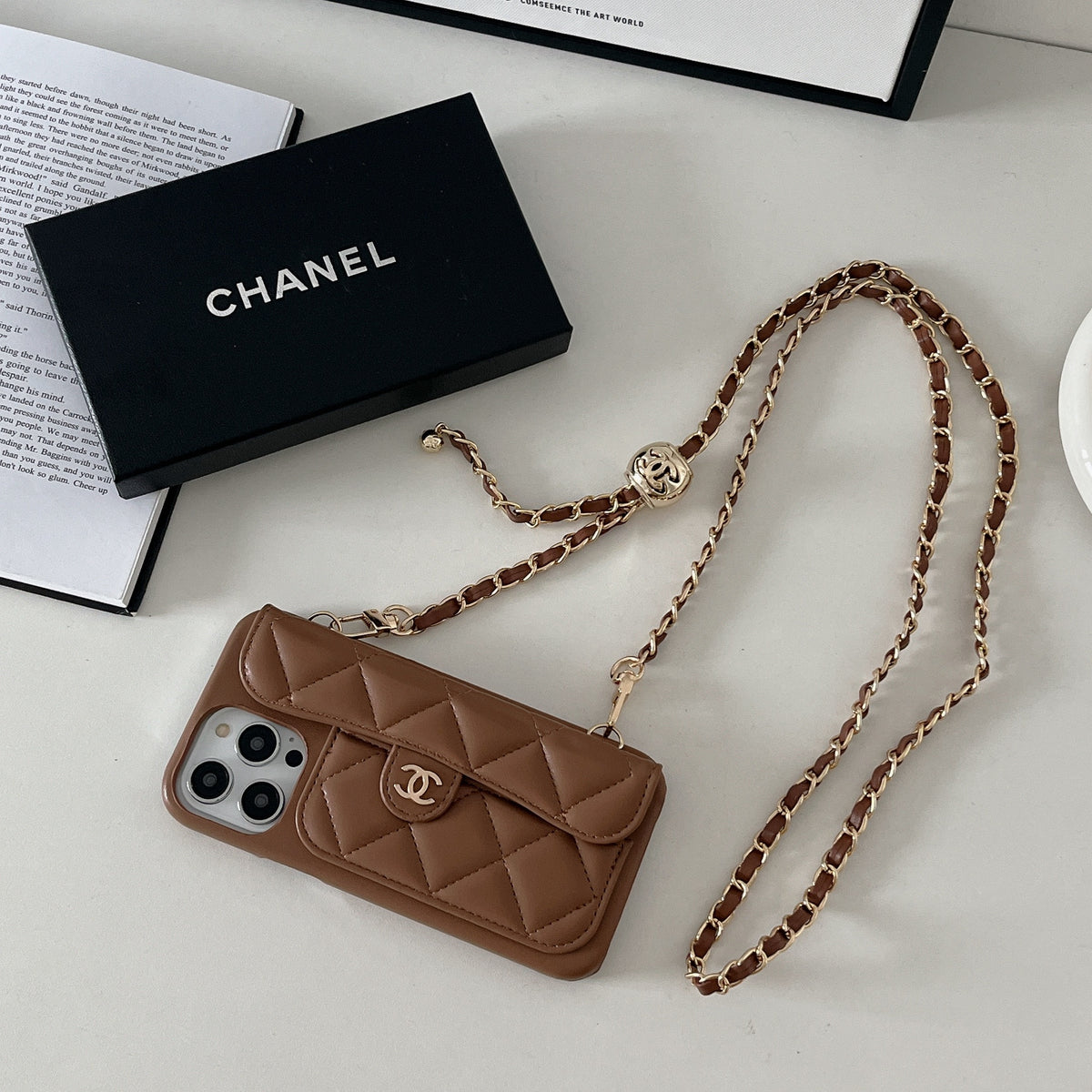 Leather CC Phone Case With Card Holder And Strap For iPhone Brown-LPK251641
