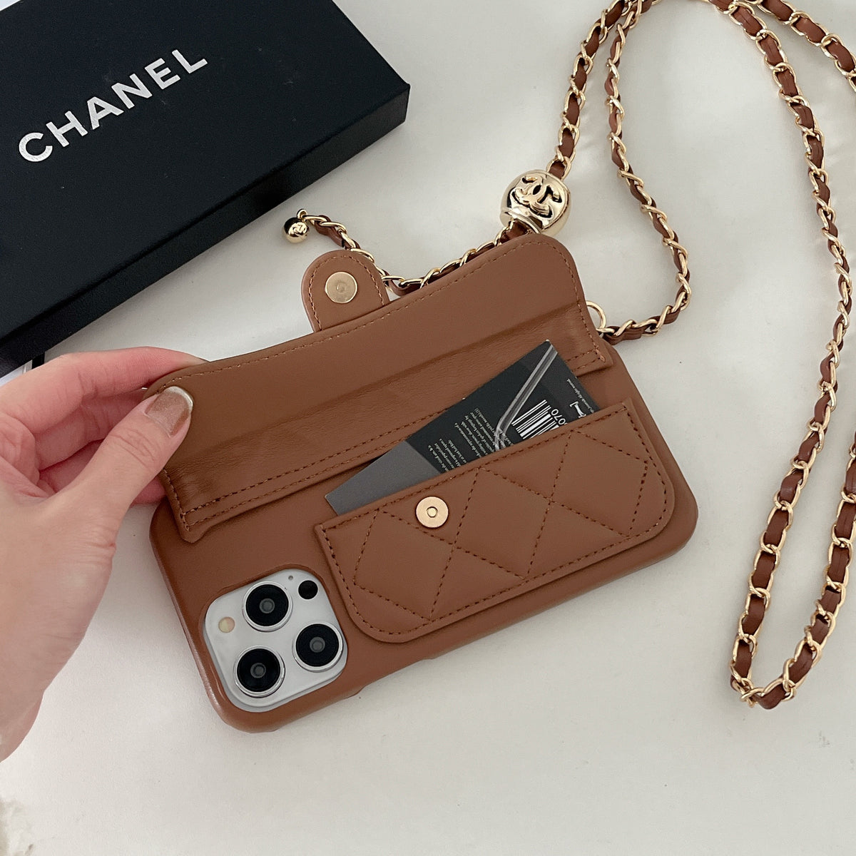 Leather CC Phone Case With Card Holder And Strap For iPhone Brown-LPK251641