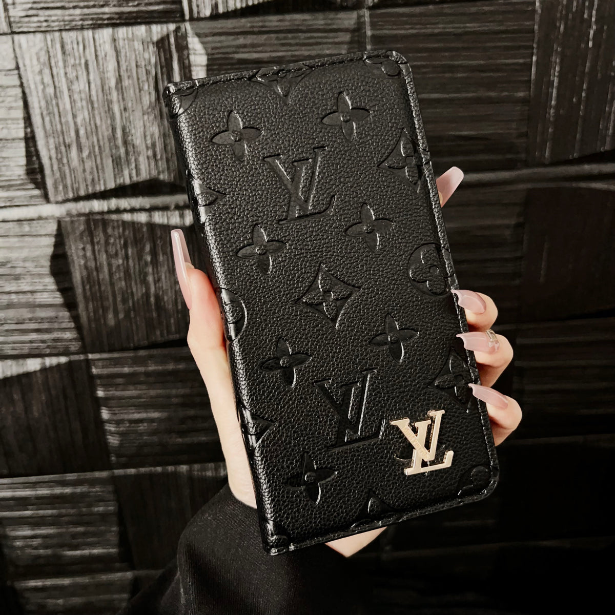 PremiumLeather Fold Phone Case With Card Holder For iPhone Black-HSK250112