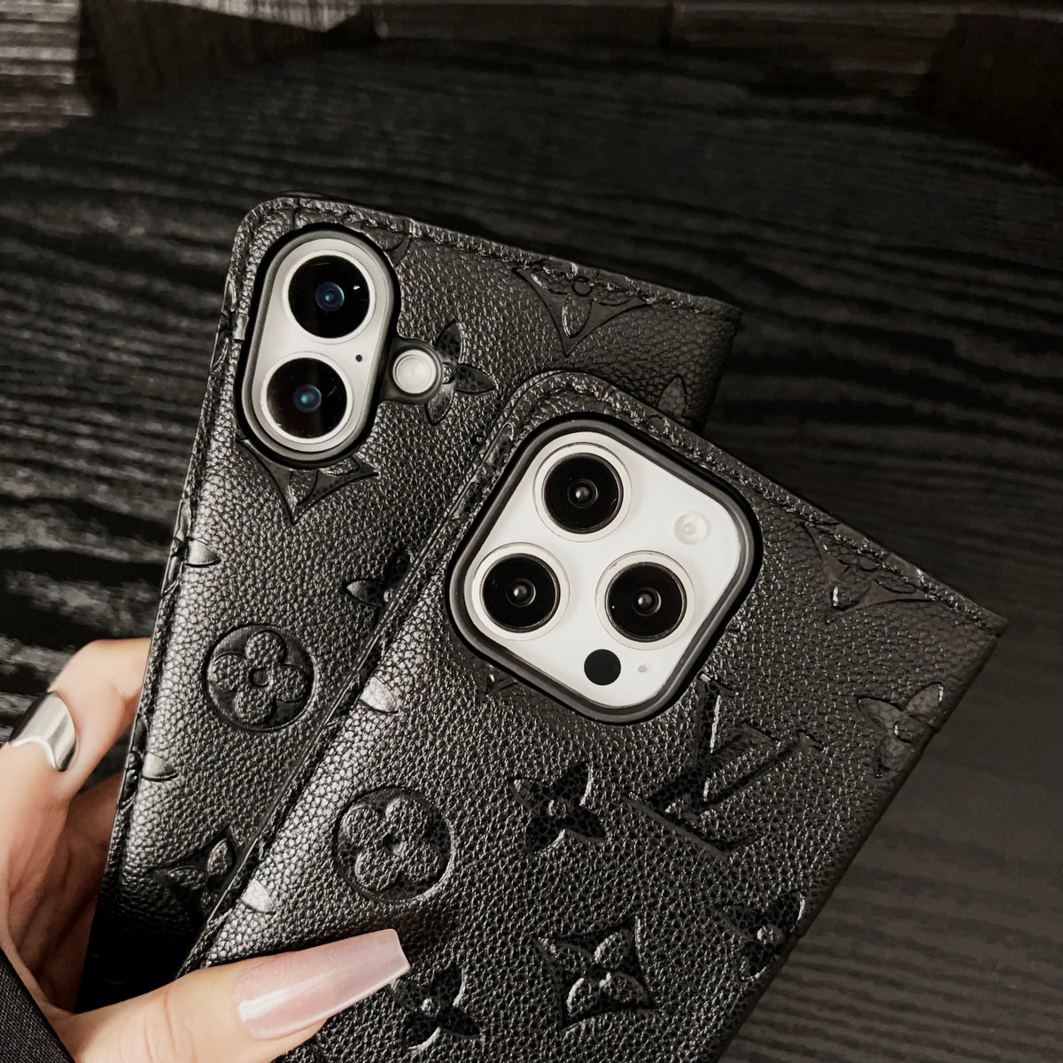 PremiumLeather Fold Phone Case With Card Holder For iPhone Black-HSK250112