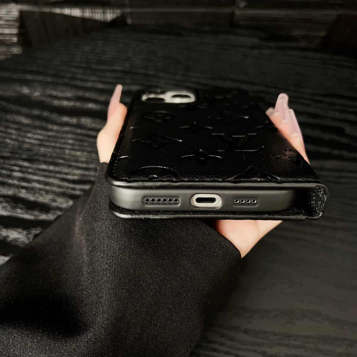 PremiumLeather Fold Phone Case With Card Holder For iPhone Black-HSK250112