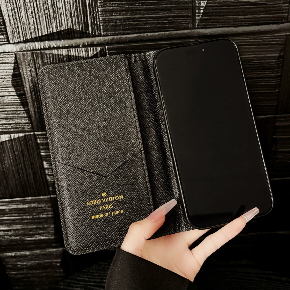 PremiumLeather Fold Phone Case With Card Holder For iPhone Black-HSK250112