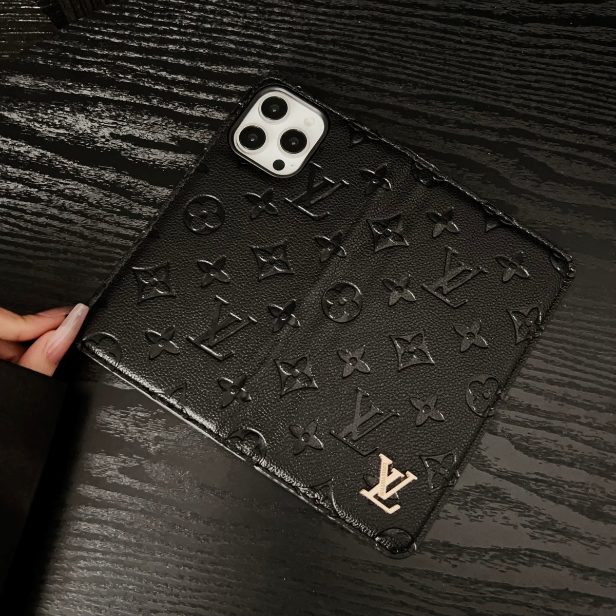 PremiumLeather Fold Phone Case With Card Holder For iPhone Black-HSK250112