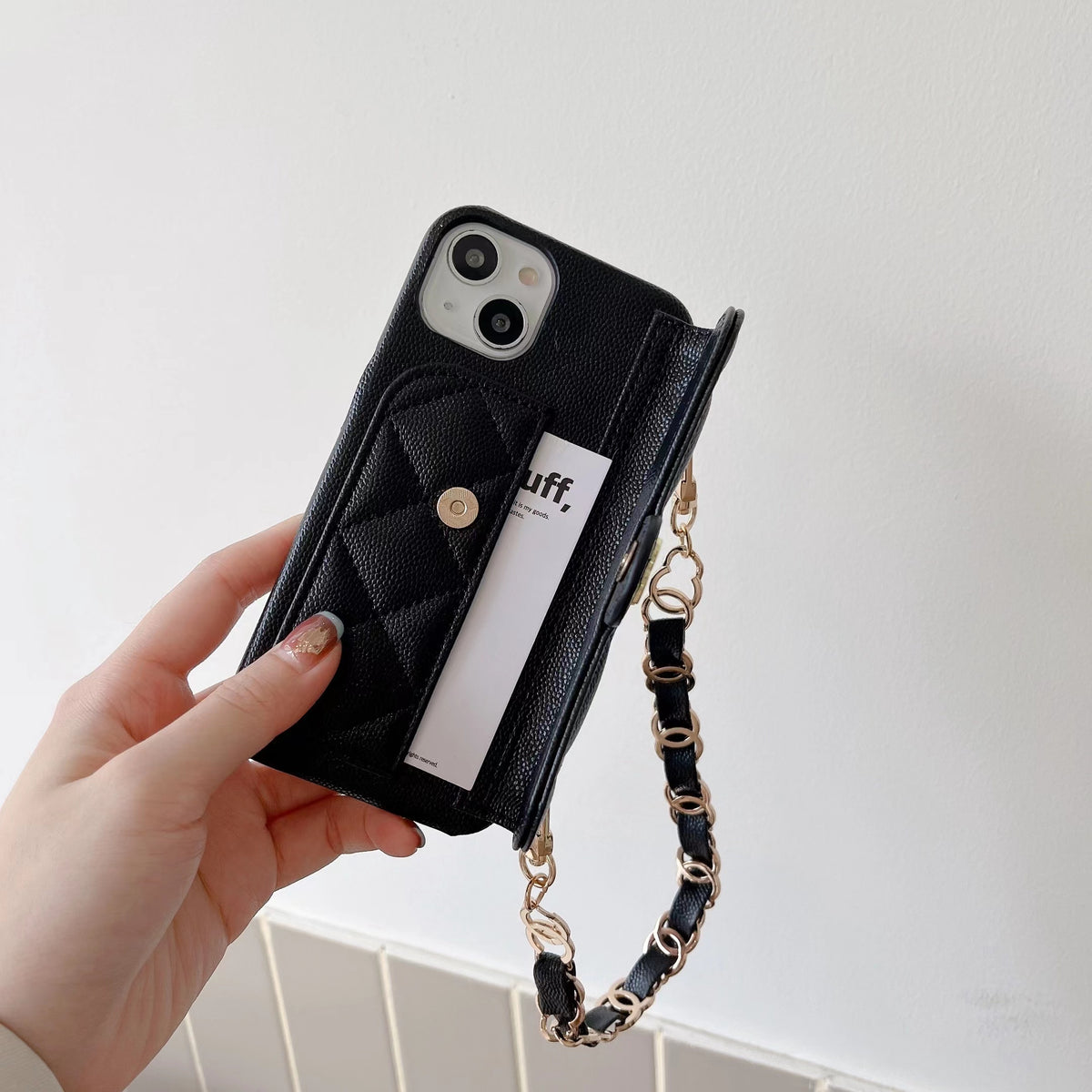 PremiumLeather CC Phone Case With Card Holder And Strap For iPhone Black-GLL251702
