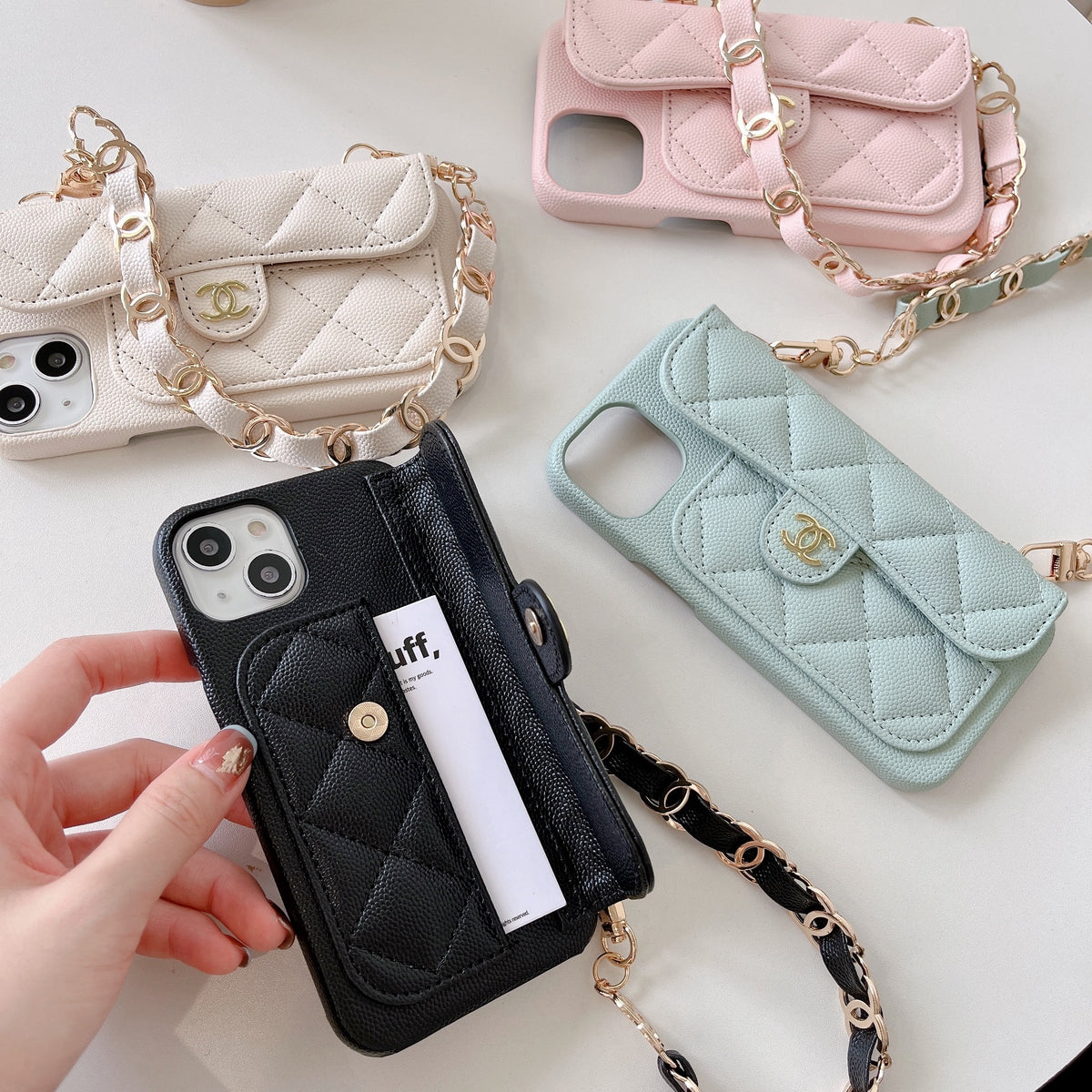 PremiumLeather CC Phone Case With Card Holder And Strap For iPhone Black-GLL251702