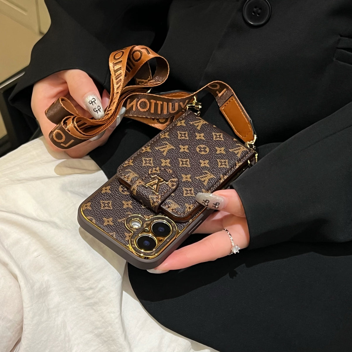 Monogram Phone Case With Card Holder And Strap Small Printing -XKB241520