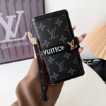 Leather Monogram Phone Case With Card Holder And Strap For iPhone Black Printing-MTY251543