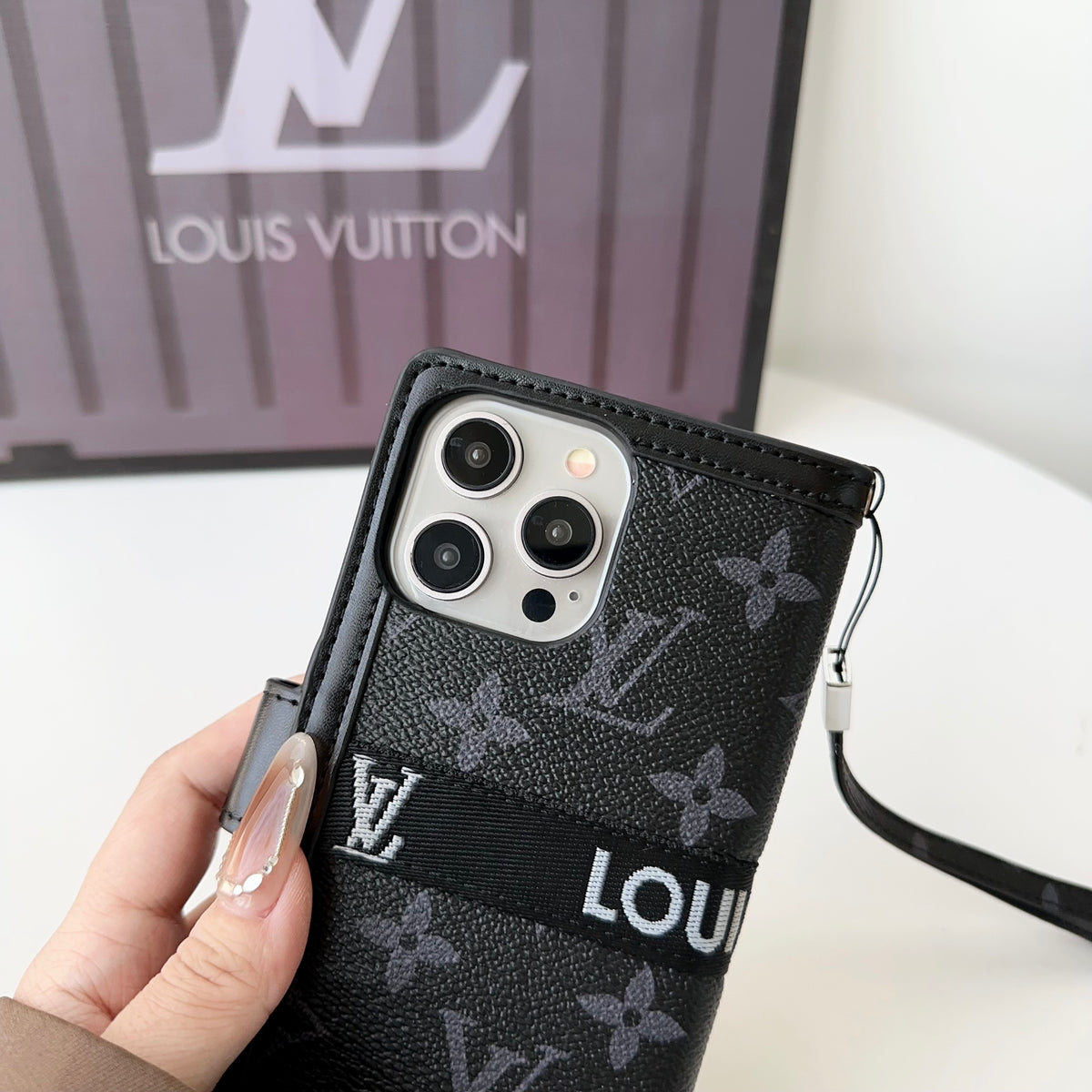 Leather Monogram Phone Case With Card Holder And Strap For iPhone Black Printing-MTY251543