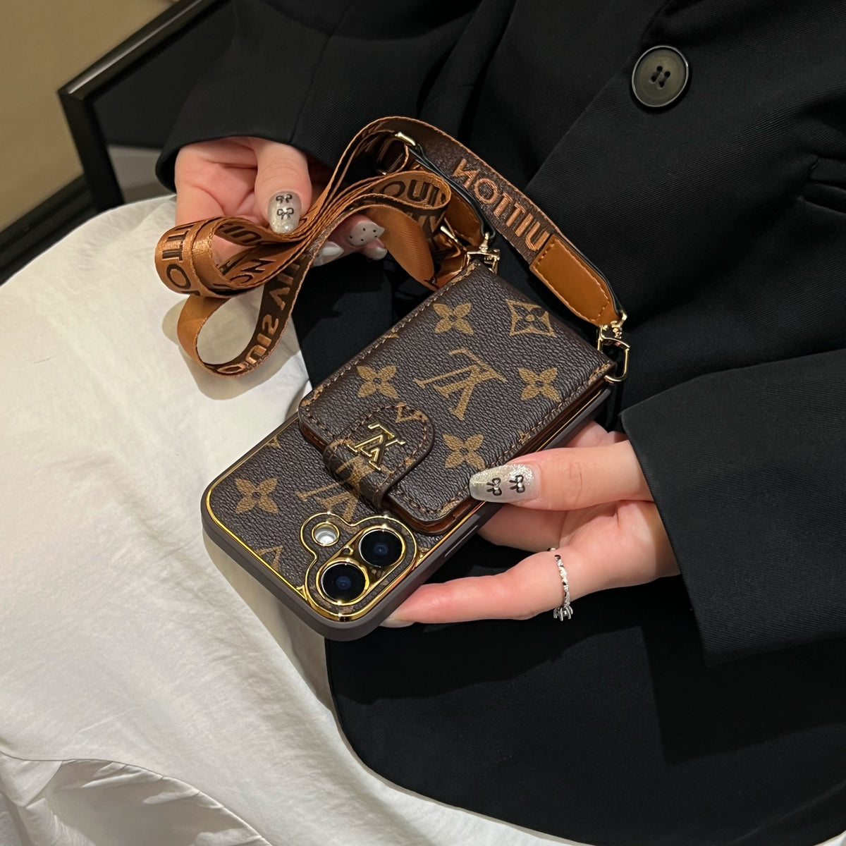 Monogram Phone Case With Card Holder And Strap Big Printing -XKB241520