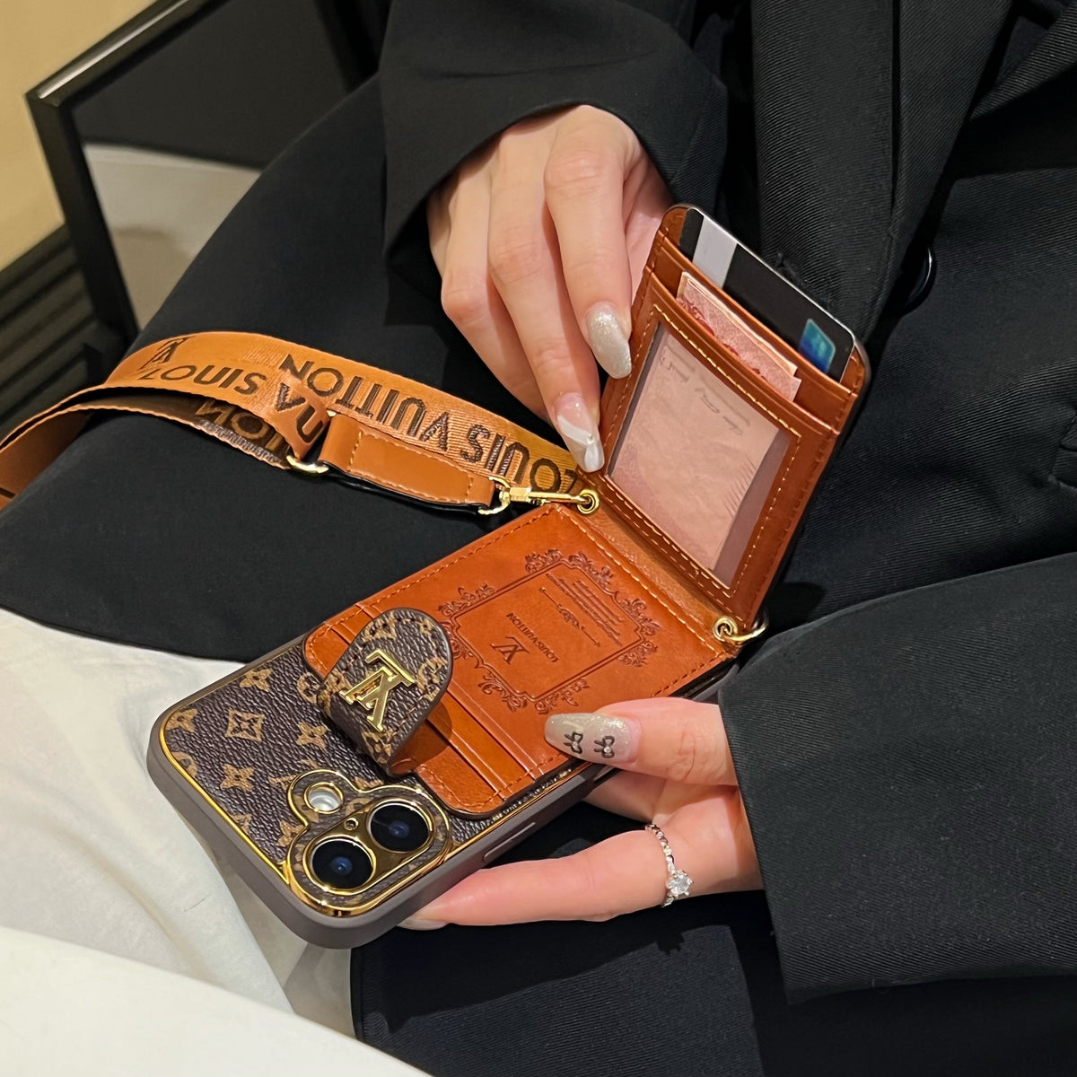 Monogram Phone Case With Card Holder And Strap Big Printing -XKB241520