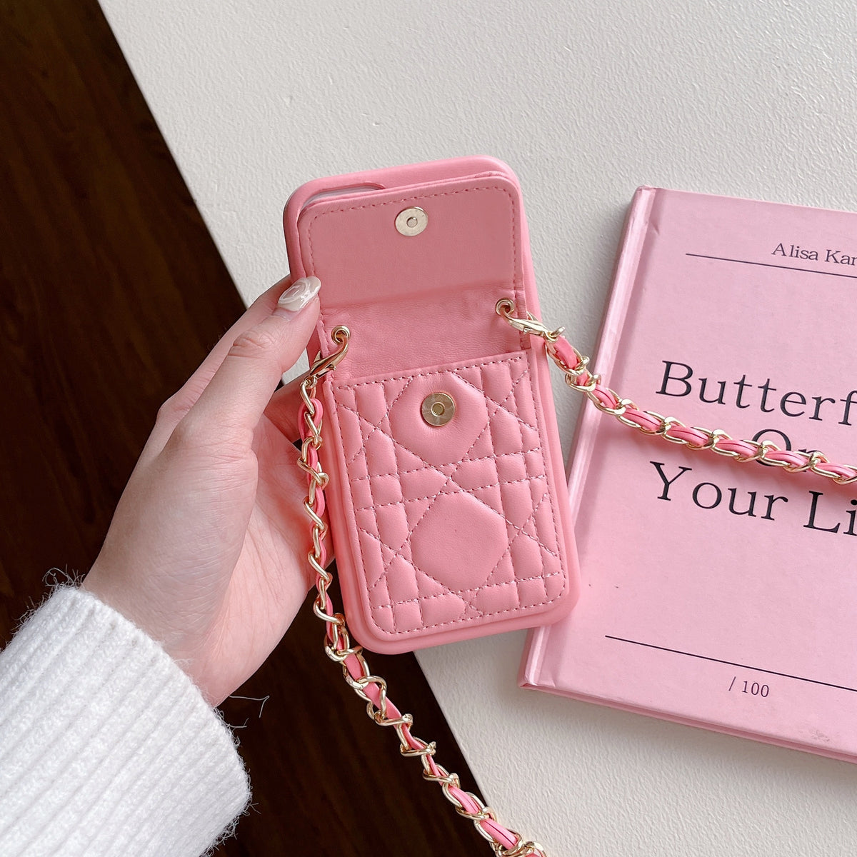 Leather CC Phone Case With Wallet And Strap For iPhone Pink -QBK251805