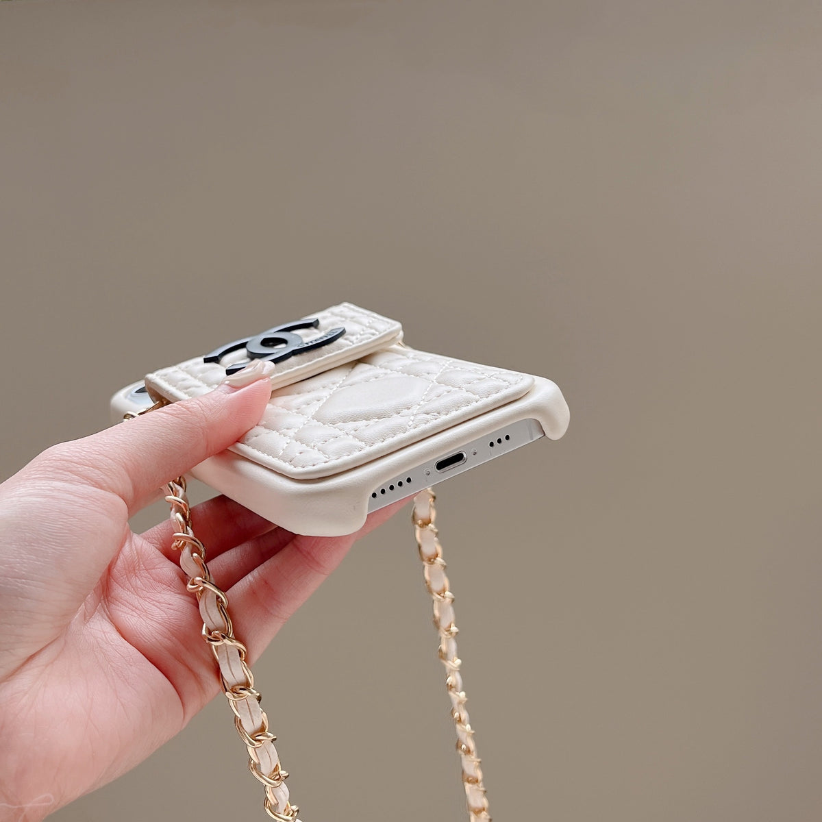 Leather CC Phone Case With Wallet And Strap For iPhone White -QBK251805