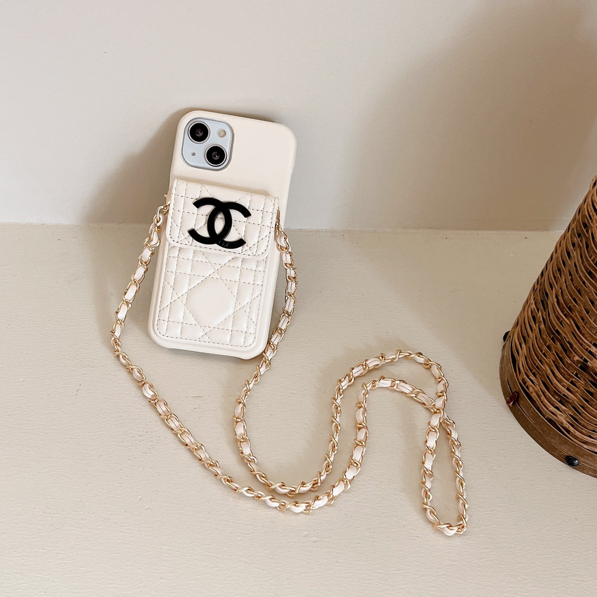 Leather CC Phone Case With Wallet And Strap For iPhone White -QBK251805