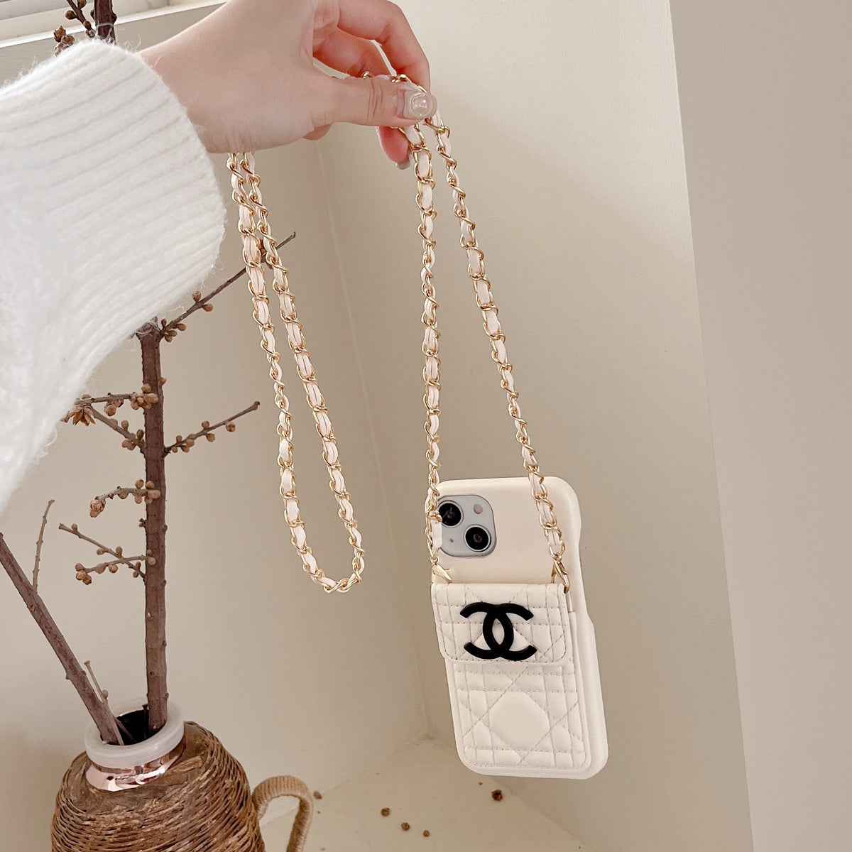 Leather CC Phone Case With Wallet And Strap For iPhone White -QBK251805
