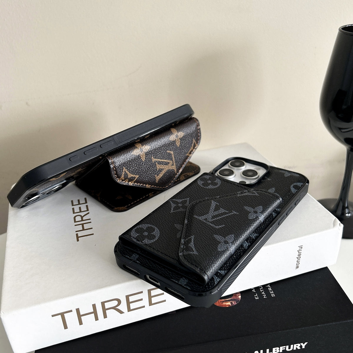 LeatherMonogram Phone Case With Card Holder For iPhone Black-BMKQ241757